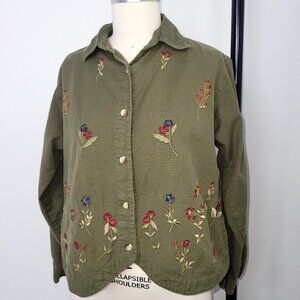 Vintage 90s Casey & Max Embroidered Floral Cotton Button Down Shirt Olive Green